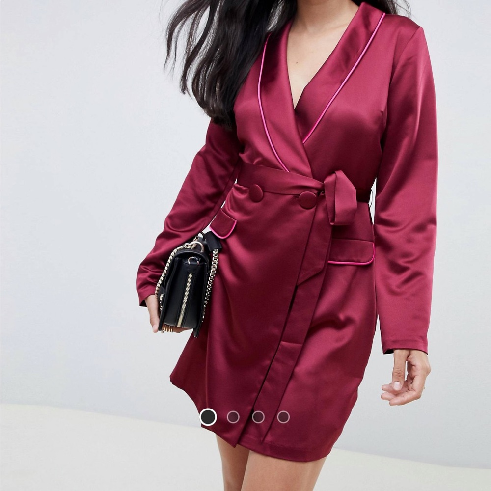 satin mini tux dress with long sleeves
and piping detail